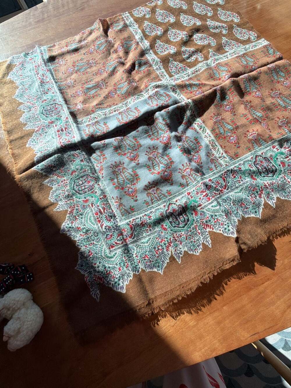 Vintage Italian 100% Wool Paisley Scarf Brown Blue